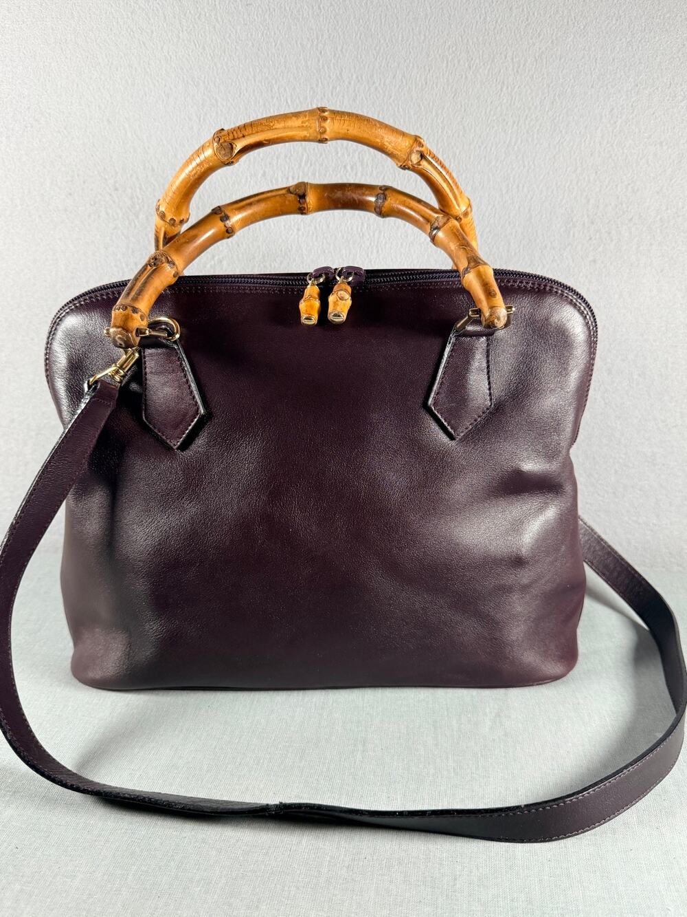 Vintage Gucci Bamboo Handle Dome Bag Aubergine Leather detachable strap